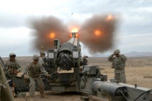 Fort Lewis Soldiers from the US Army 17th Field Artillery Brigade fire an M198, 155mm howitzer at the Yakima Training Center in Washington.