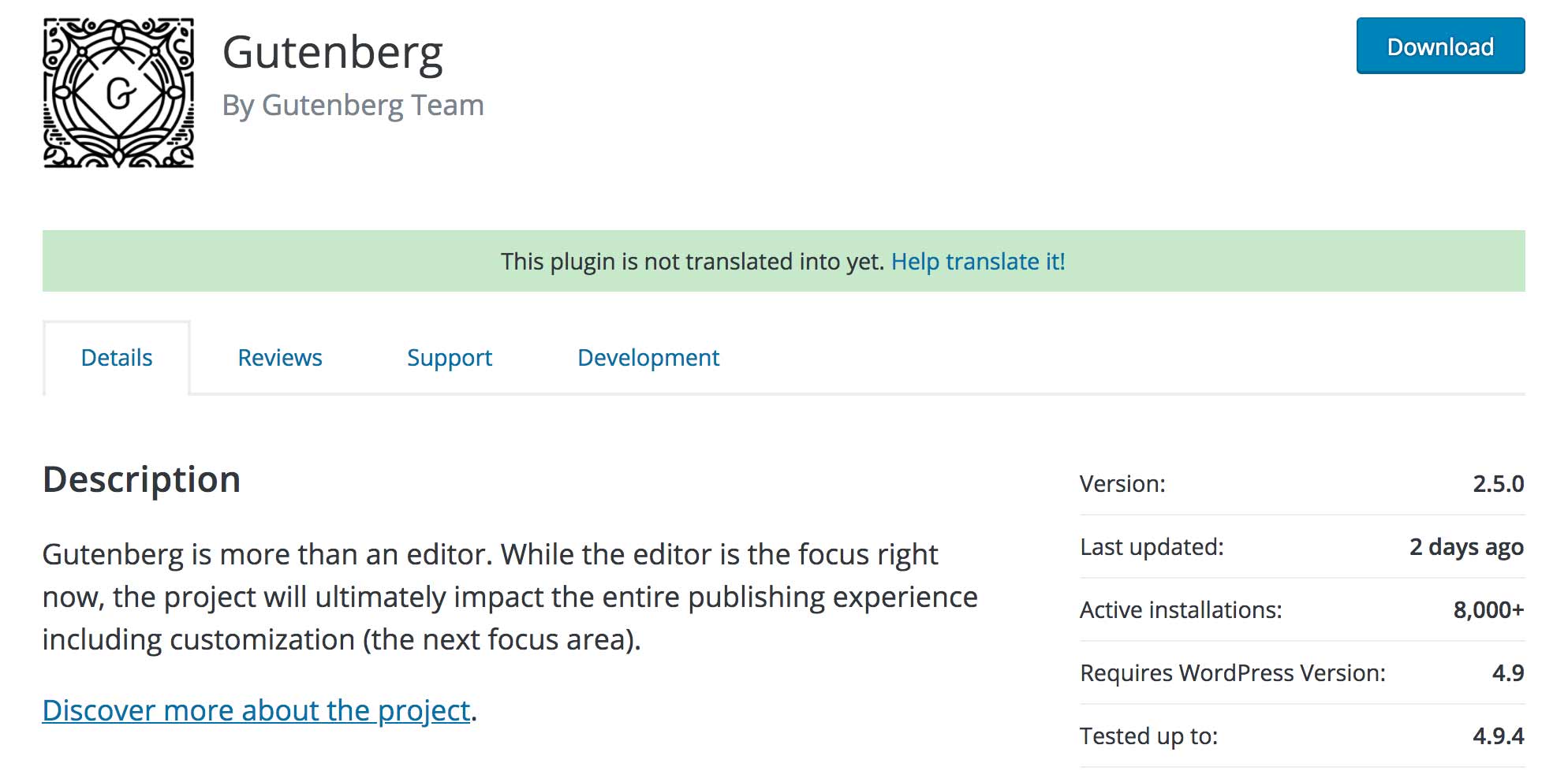 Gutenberg page in the WordPress.org plugins repo