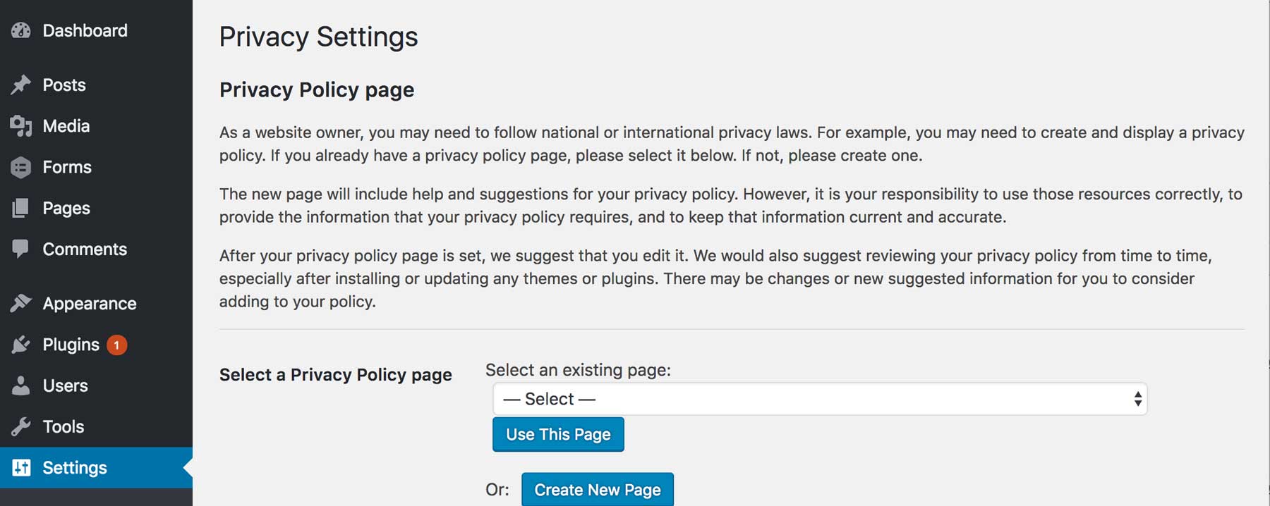 WordPress 4.9.6 privacy settings page