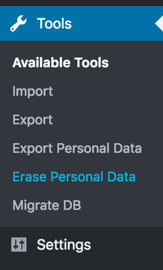Personal Data Export and Erase admin menu
