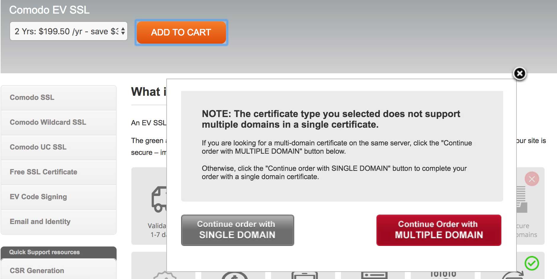 Types of SSL Certificates: Comodo SSL domain coverage prompt